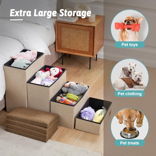 Image of Dog Stairs with Storage, 4-Step Wider Sturdy Dog Steps for Small /Medium /Large Dogs and Older Cats, Folding Doggie Ramp for Bed /Couch /Car Hold Up to 180 lbs (22 inch H, Brown)