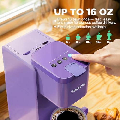 Image of Tastyle Single Serve Coffee Maker Hot and Iced with Bold Brew, Up to 16 Oz | for K Cup and Ground, Fits 7.3'' Travel Mug, 5 Cup Sizes, Compact for Office, RV& Hotel, K320, 3.0 Version, Pastel Purple