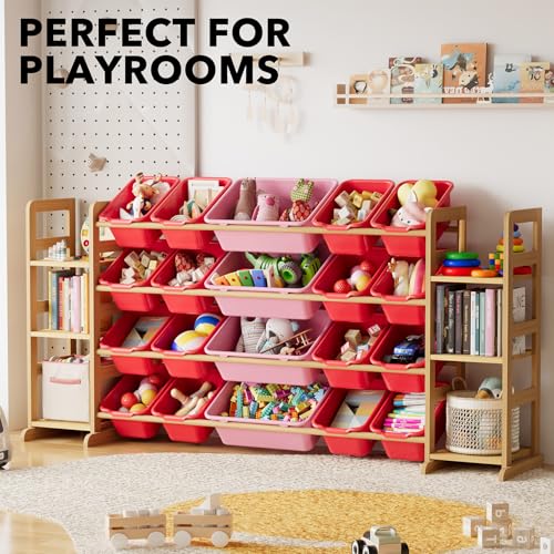 Image of SpaceAid Toy Storage Organizer with 6 Shelves and 20 Bins, Toy Organizers Storage Bookshelf, Kids Bin Shelf Toys Box Bookcase for Bedroom Playroom Organization Room Decor, Red and Pink