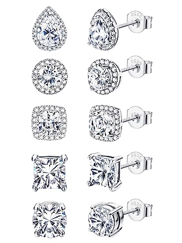 FASACCO 925 Sterling Silver Stud Earrings Large CZ Stud Earrings Fake Diamond Stud Earrings Silver Studs Set Cubic Zirconia Stud Earrings