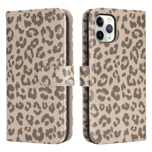 Image of for iPhone 11 Pro Max Case Wallet with Card Holder,for iPhone 11 Pro Max Wallet Case for Women Men,PU Leather Shockproof Magnetic Buckle Stand Flip Phone Case-Beige Leopard