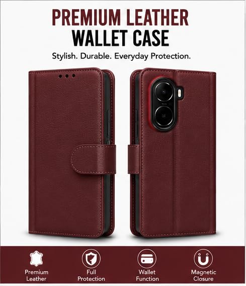 Image of HushLush Premium Flip Cover Compatible for Redmi A7 Pro | Shockproof Wallet Style Protective Case with Card Slots, Magnetic Closure, Stand Function & Full Body Protection (Plain Metallic) (Brown)