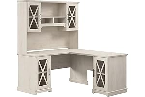 Bush Furniture Lennox Farmhouse L-Shaped Desk with Hutch for Home Office in Linen White Oak