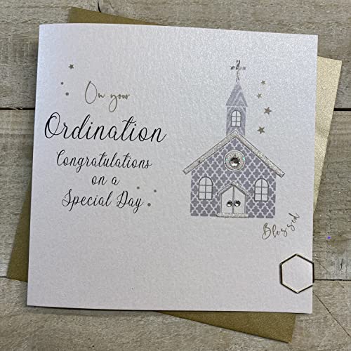 White Cotton Cards Ordinationskarte – Handgefertigt, Silberkirche Motiv, Mit Umschlag, 16x16 Cm