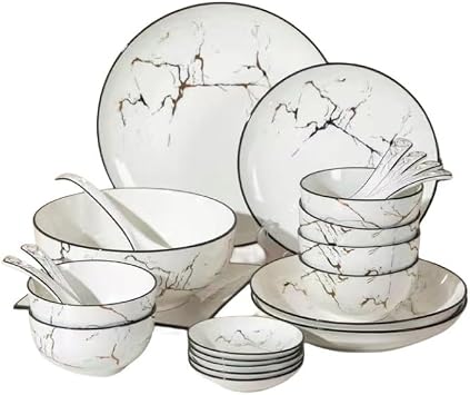 Dinnerware Set Marble Pattern 30/32/38/42/46 Piece Luxury Dinnerware Set Household Dinner Plate Chopsticks Set for 6/8/10 People Porcelain Combination Dinnerware Set Dinner Plate Single Living Bowl Plate Set Salad Bowl Wedding Gift Small Pot Microwave Warming Dishwasher Safe 30 Piece Set