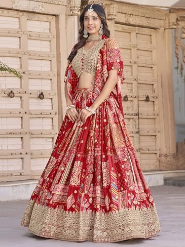 Image of Women's Digital Print With Zari Dori Embroidery Work Chinnon Silk Lehenga Choli With Dupatta (Women-Lehenga-Choli-New; Free size)