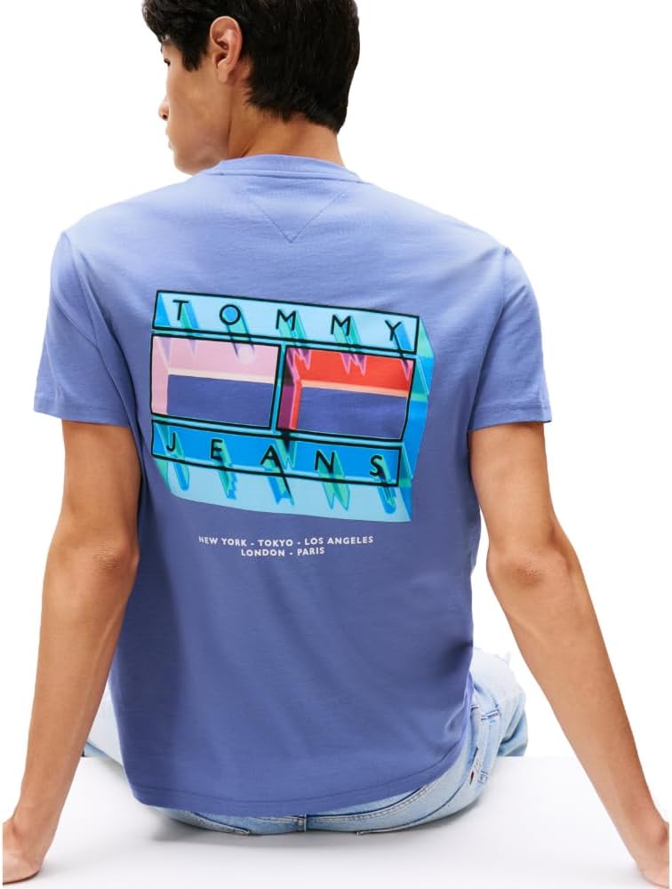 Tommy Jeans Men's Short Sleeve Cotton T-Shirts with Blurred Printed Flag Graphic