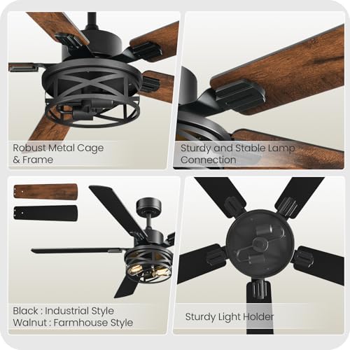 Image of 46 Inch Farmhouse Ceiling Fan with Lights and Remote, Timer, Dual Finish 5 Blades (Walnut and Black), 6 Speeds, Reversible DC Motor, Rustic & Industrial Caged Ceiling Fan for Bedroom FB01CF4605