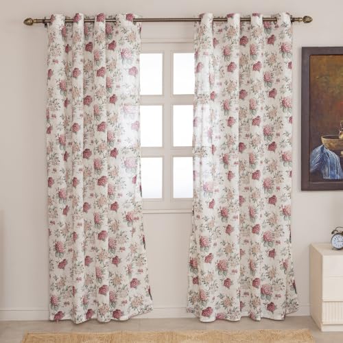 Image of Clasiko Block Print Sheer Window Curtains; 40% Light Filtering Linen Textured Curtains with Eyelets & Tieback | Set of 2 | 54x60 Inches / 5 Feet | Blush Orchid