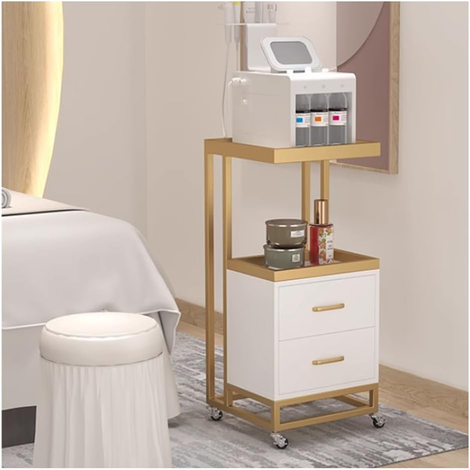 Salon Trolley Rolling Cart, Hair Salon Station Cabinet, Beauty Salon Instrument Trolley, Nail Salon Spa Storage Drawer, with Four Universal Wheels(Gold-White)
