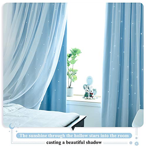 Nicetown Kids Boys Blackout Curtains, Double-Deck Sheer Panel & Star Drapes For Living Room, Window Treatments With Tie Backs (Blue, 1 Pair, W52 X L95) #TOP6
