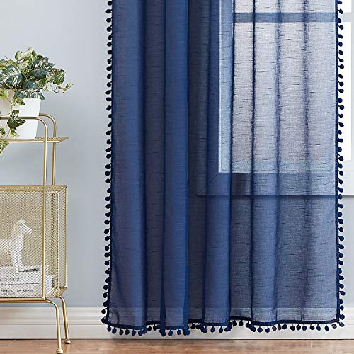 Treatmentex Pom-Pom Navy-Blue Sheer Curtains for Bedroom Windows 84inches Long Linen Textured Look Sheer Drapes for Living Room 52" w x 2Pack