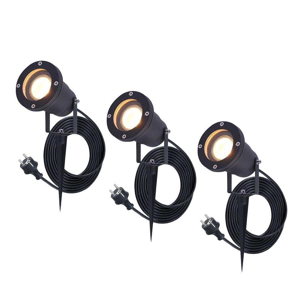 HOFTRONIC 3er Set Sydney - GU10 LED Strahler mit Erdspieß - 1,5M kabel mit Stecker - 4W 450lm - Aluminium Gartenstrahler - IP64 Wasserdicht - Warmweiß Außenlampe für Garten, Terrasse, Wegen