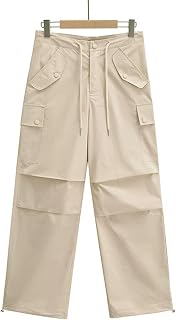Pantalones de paracaídas de Moda, Monos Negros de algodón Puro para Mujer, Pantalones Sueltos de Color Rosa, Pantalones Sueltos para Mujer, Jogging Informal Plisado-Beige-L