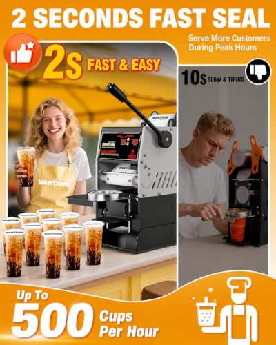 Image of WantJoin Cup Sealing Machine, Semi Automatic Commercial Boba Cup Sealer | Auto film alignment, 2 second sealing, LED temperature control, Fits 90 mm & 95 mm cups Bubble for Tea Coffee Smoothies