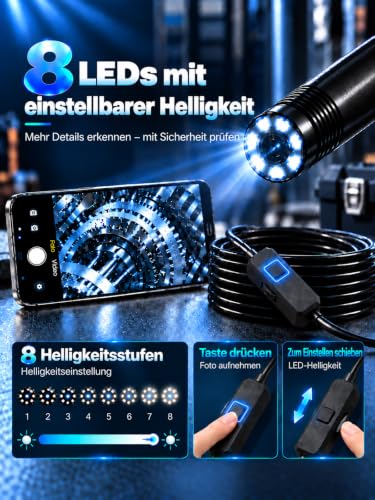 Vorth Endoskopkamera mit Licht, 1920P HD Endoskopkamera Handy mit 8 LED-Leuchten, 5M semi-steife Rohrkamera Inspektionskamera iOS und… – Ansicht 3