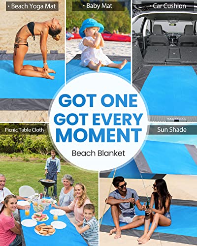 Popchose Beach Blanket, Sandfree Beach Mat ‎108"X85.2" For 7 Persons, Extra Large Beach Blanket Waterproof Sandproof With 6 Stakes, Easy To Clean, Lightweight Compact Beach Accessories #TOP7