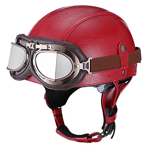 ACLFFSHOP Open Face Moto Style Allemand Casque Rétro Cuir Half Casque, ECE Homologué, avec Pare-Soleil Lunettes d'aviateur, pour Vélos Motos Scooter Toutes Les Saisons Cover