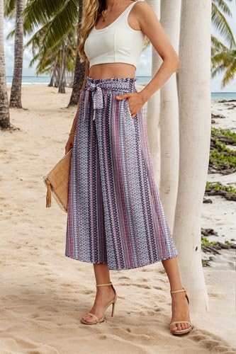 Image of IWOLLENCE Women Flowy Loose Wide Leg Pant Summer Beach Casual Trousers high Waist Adjustable Knot Business Work Casual Pants