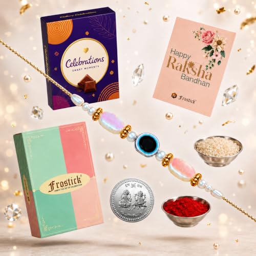 Image of Frostick Rakhi Combo for Brother with 1 Evil Eye Rakhis, Chocolates Roli Chawal Greeting Card and Gift Box Ideal for Raksha Bandhan Festival Gifting