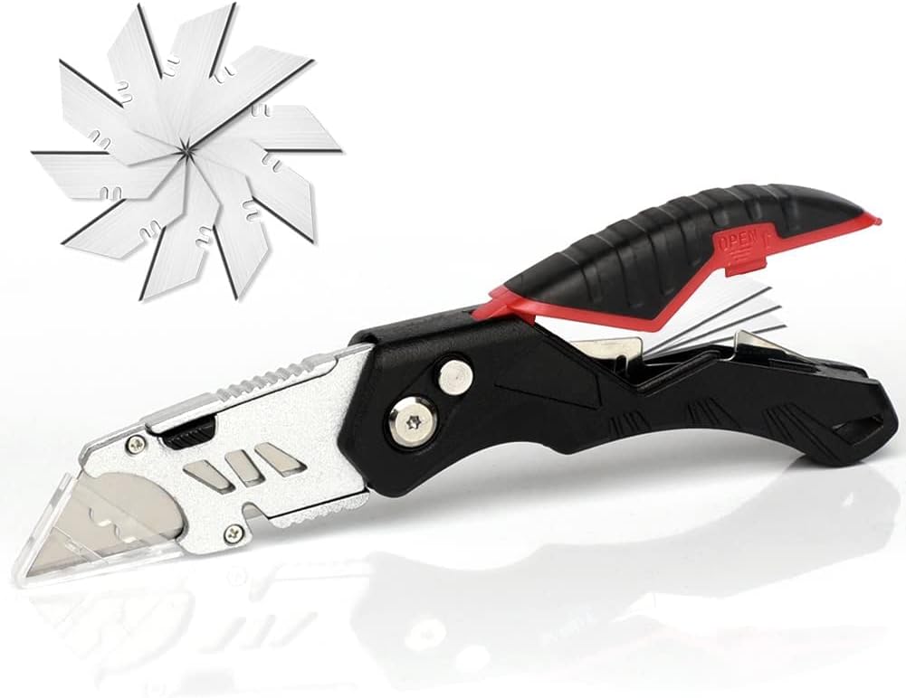 Excefore Folding Utility Knife with 14 Replaceable SK5 Blades,Heavy Duty Box Cutter,Pocket Carpet Cutter,Multifunctional Retractable Lockback Knife with Safety-Lock & Angle Adjustment Button