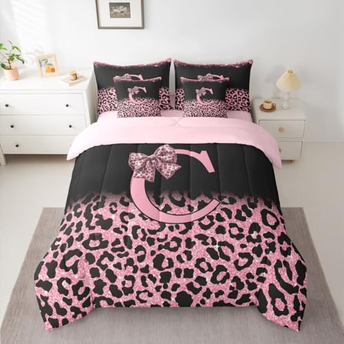 Image of Feelyou Girls Bow Comforter Set King Size 7 Pieces Glitter Leopard Print Bedding Set for Kids Boys Girls Initial Letter C Bed in a Bag with Comforter, Sheets, Pillowcases, Cushion Covers Bedroom Decor