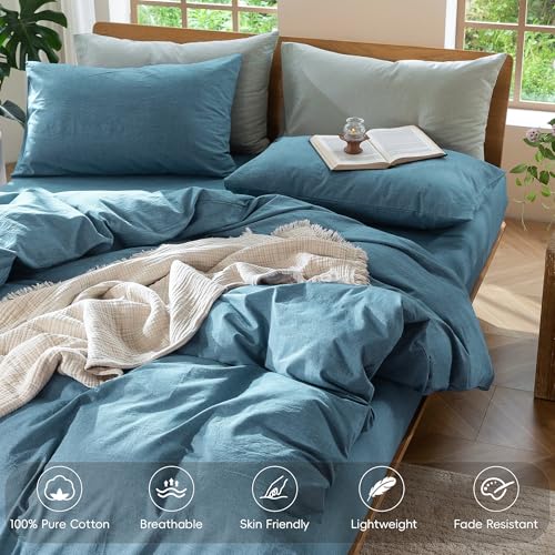 Image of MooMee Duvet Cover Set 100% Washed Cotton Linen Like Twin | Relaxed Linen-like Texture. Soft, Breathable & Long-lasting Comfort. Lightweight. Hidden Zipper with 8 Interior Corner Ties