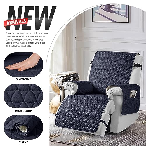 Image of TAOCOCO 100% Waterproof Recliner Chair Covers, Non Slip Recliner Covers that Stay in Place, One-Piece Washable Reclining Chair Cover with Elastic Straps, Dark Blue, Fits 28 inch Seat Width