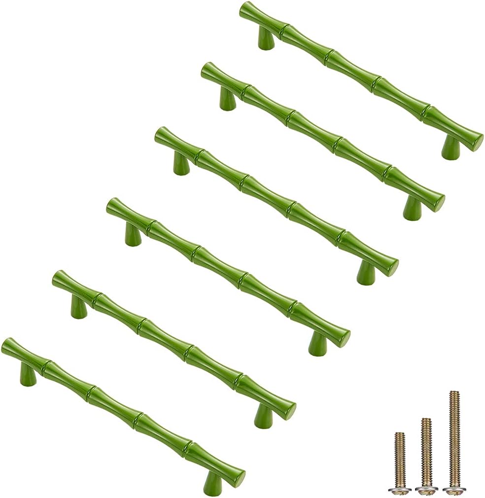 6Pcs Bamboo Shape Solid Zinc Alloy Cabinet Knobs Handles, Dresser Drawer Cabinet Cupboard Closet Door Pulls Decorative Furniture Accessories Knobs (Length 6.1"/Hole Distance 5", Green)