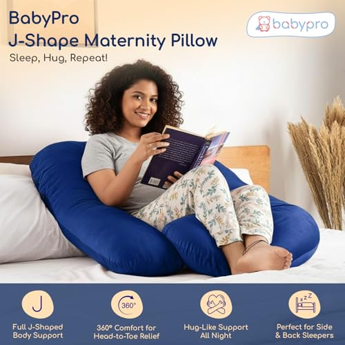 Image of BabyPro J-Shaped Pregnancy Pillow with Silky Cooling Velvet Cover, Blue | Full Body Pillow for Back Pain, Head, Belly, Hips & Knees, Soft Cushion