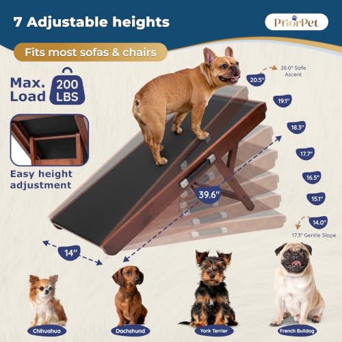Image of Dog Ramp for Couch - Non-Slip, Sturdy Build Foldable Wooden Dog Ramp - Supports up to 200 lbs - 7 Adjustable Heights (14 inch-20.5 inch) - Enhanced Stability - Birchwood Pet Ramp for Small Dogs - Walnut