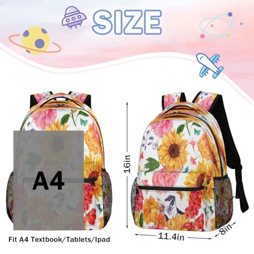 16 Inch Backpack Sunflower Peony Retro Waterproof Lightweight Travel Back Pack Adjustable Casual Rucksack For Men Women Daypack Fits Travel Outdoor Sport Work Hiking Gym Gifts3