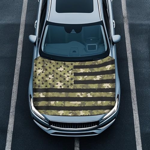 Image of American Flag Green Camo Car Hood Cover Stretchable Car Hood Protector Waterproof Sun Proof 4th of July Patriotic Decorations Easy Installation for Most Sedans SUV Trucks Pickup