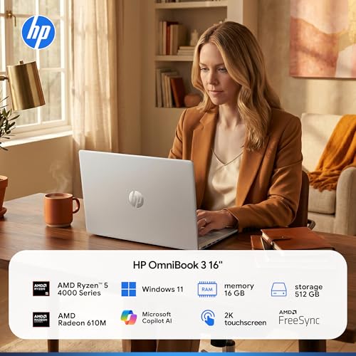 Image of HP OmniBook 3 Flagship 16 inch 2K Touchscreen Laptop Bundle with Docking Station, AMD Ryzen 5 Processor, 16GB RAM, 256GB PCIe SSD, IPS Display, WiFi 6, AI Copilot, Windows 11, Glacier Silver