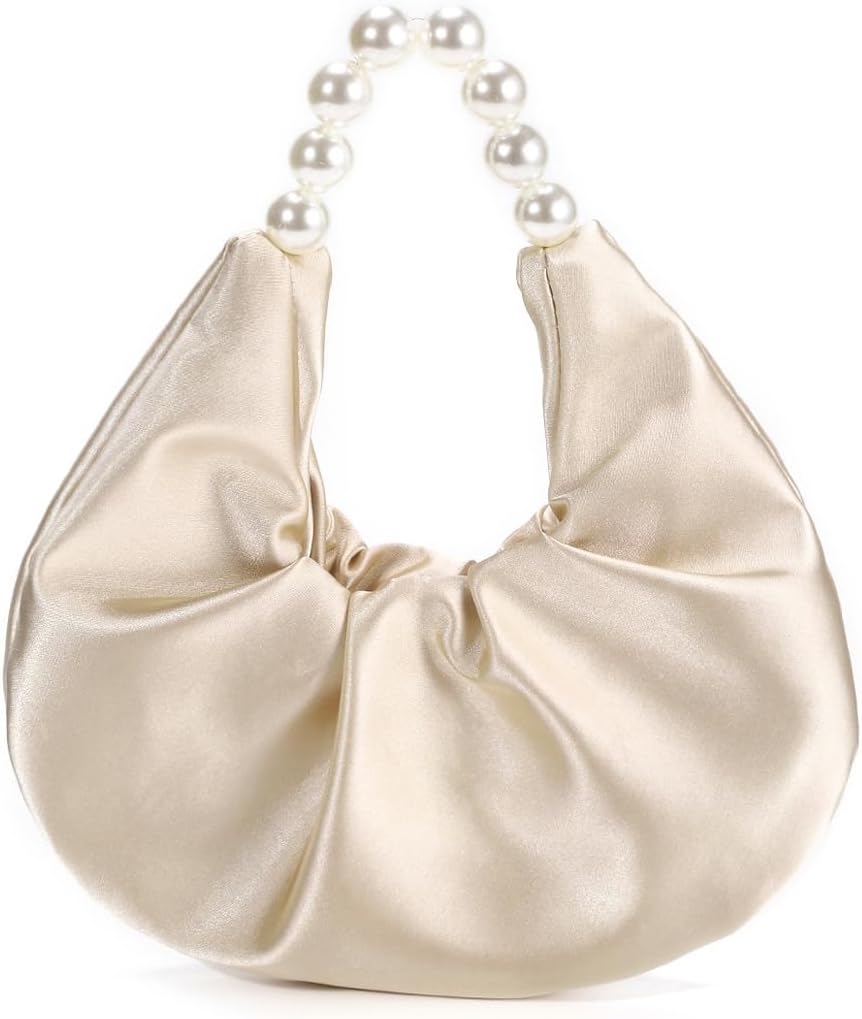 Women Luxurious Satin Clutch Purse Pearl Evening Bag Dumpling Bag Handbag for Prom Wedding Cocktail Party