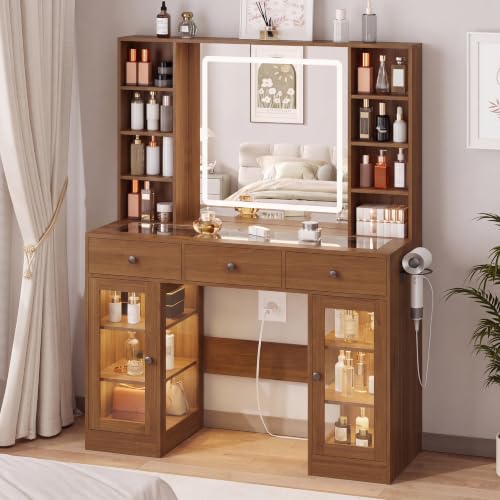 Image of Walnut Vanity Desk with Mirror and Lights, Glass Top Vanity with Lighted Mirror & RGB Cabinet and 3 Drawers, Dressing Table with 8 Shelves, Makeup Desk with Lights for Girls Bedroom, 3 Color Modes