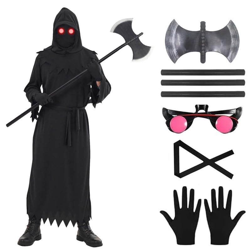 ELINA Grim Reaper Cosplay Kostüm,Sensenmann Kostüm Carnival Halloween Grim Reaper Cosplay with Death Axe Handschuhe Leuchtende Gläser und Maske