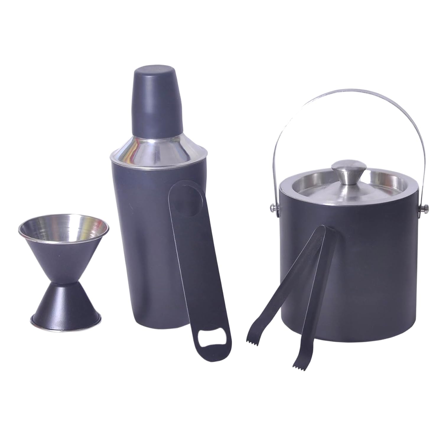 Dynore Stainless Steel 5 pcs Black bar Set Capacity Cocktail Shaker 750 ml, ice Bucket 1500 ml,peg Measure 30 and 60 ml