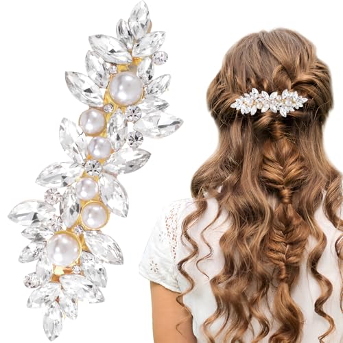 CustomyLife Rhinestone Pearl Hair Clip Gold Crystal Wedding Hair Barrettes Sparkly French Decorative Hair Jewelry Accessories for Women Bride Thick Long Hair