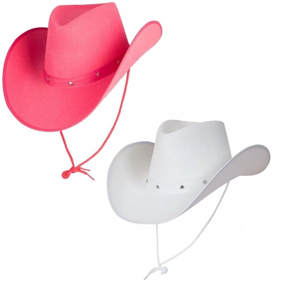 Titch & Timbo Adult Texan Cowboy Hat 2 Pack (Multiple Options) : Fancy Dress Party Accessory Country Western Rancher Wild West Music Festival (Classic Texan, White,Hot Pink)