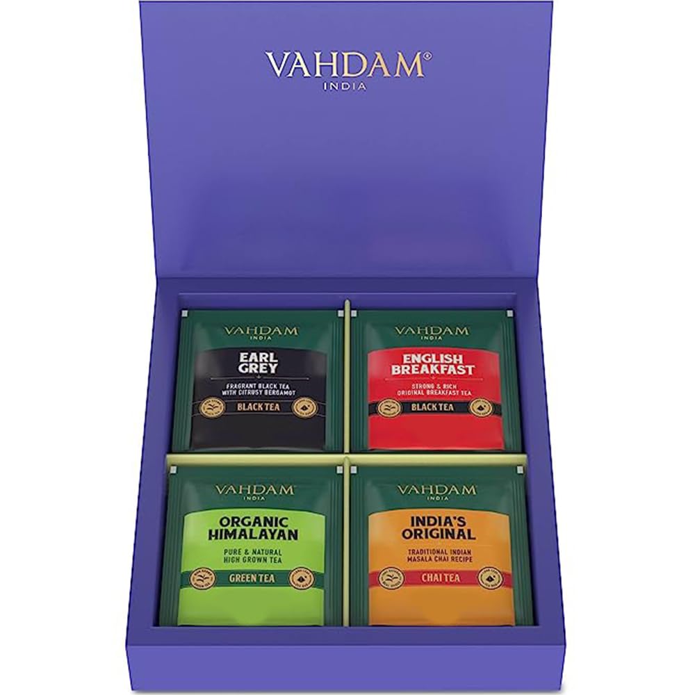VAHDAM Fathers Day Tea (4 Flavors- 24 Tea Bags) Black, Green, Masala Chai Tea Variety Sampler Pack Gift Set 4