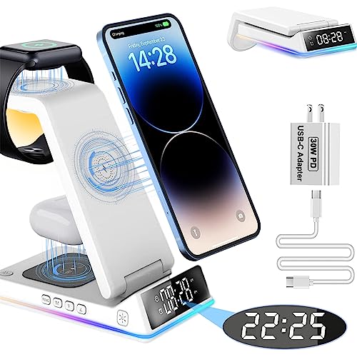【多機能】Lishang ワイヤレス充電器 3in1 折り畳み式 マルチ充電スタンド 15W急速【目覚まし時計/ナイトライト付き】Qi認証 無線充電器 置くだけ充電 iPhone/Apple Watch/Airpods 3デバイス同時充電 TypeC端子