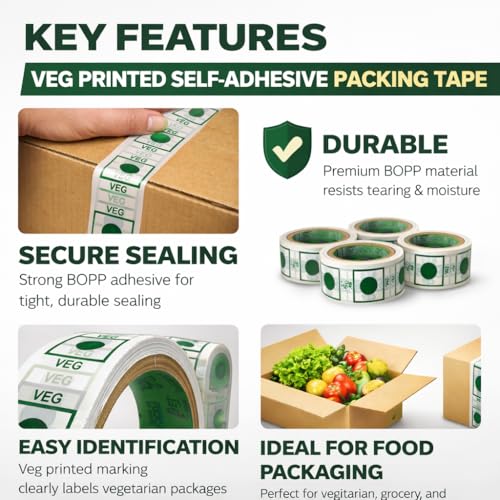 Image of Veg Tape Printed | 35 Meter in Length | Pack of 12 | 24 mm / 1 inch Width | Veg Printed Tape With Green Marking, Self Adhesive Tape for Packing Boxes
