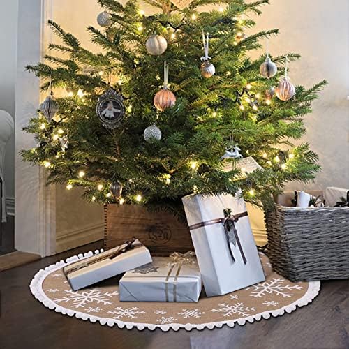 N&T NIETING Christmas Tree Skirt, 30 Inch Burlap White Snowflakes Tree Skirt with Small Pom Poms Tree Base Cover for Xmas Tree Christmas Decorations