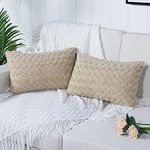 Mandioo Khaki Faux Fur Cushion Covers 12x20 Inch 3D Flower Pattern Fuzzy Cozy Soft Decorative Throw Pillowcases for Couch Sofa Bedroom Car 30cmx50cm,Pack of 2