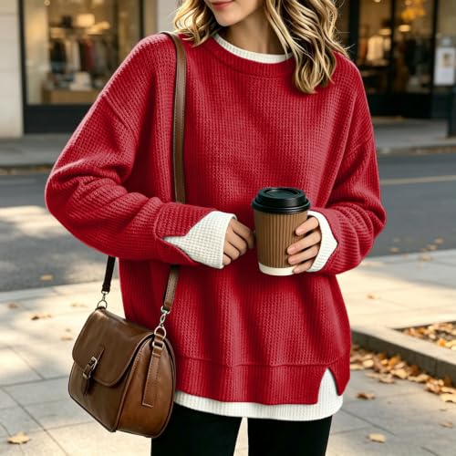Oversized Crew Neck Sweatshirts Women Long Sleeve Waffle Sweatshirt Fall - image 3