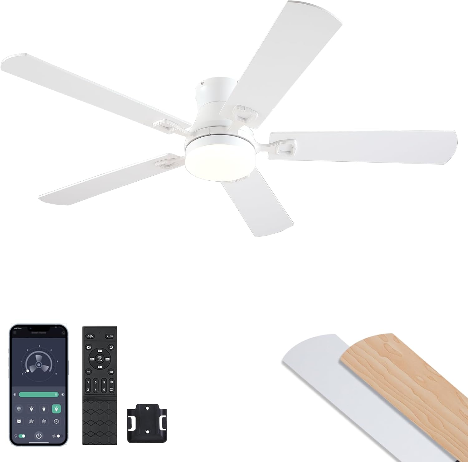 KNUN Ceiling Fans with Lights,52 Inch Low Profile Ceiling Fan with Light and Remote Control,Flush Mount,6 Speeds DC Reversible Motor, 3CCT Dimmable, Noiseless White Ceiling Fan for Living Room,Patio