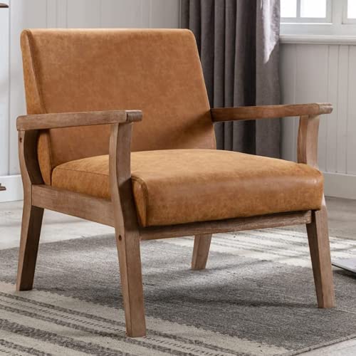 Cimoo Faux Leather Armchair Recliner Mid Century Modern Accent Chair Comfy Upholstered Lounge Chair Indoor Arm Chair With Wood Frame For Bedroom Living Room, Vintage Tan #TOP15