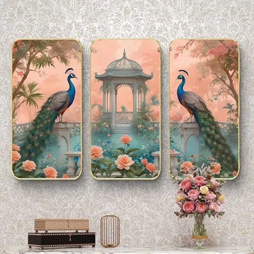 Image of Livin'luxe Set of 3 couple Peacock modern art Boho painting Premium Framed Laminated Wall paintings for living room, bedroom, home decoration, wall decoration 20 inch x 30 inch SP-33
