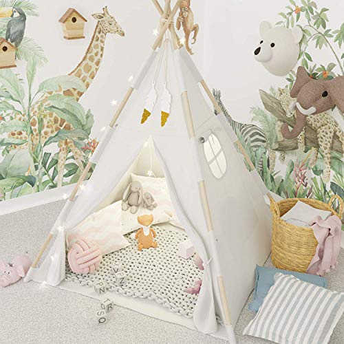 TazzToys Kids Teepee Tent for Kids with Fairy Lights +Waterproof Base + Feathers